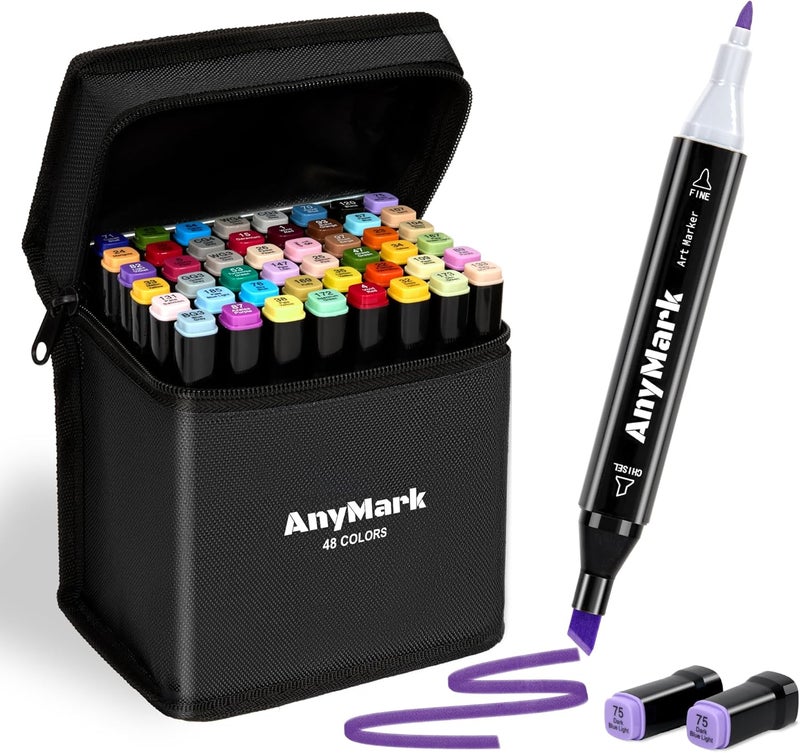 Anymark Alcohol Markers, 48 Colors Dual Tip Art Coloring Markers Set for Adult Book Drawing Sketching Painting, Chisel & Fine, Black Penholder - Image 1